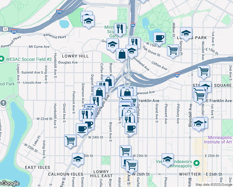 map of restaurants, bars, coffee shops, grocery stores, and more near in Minneapolis