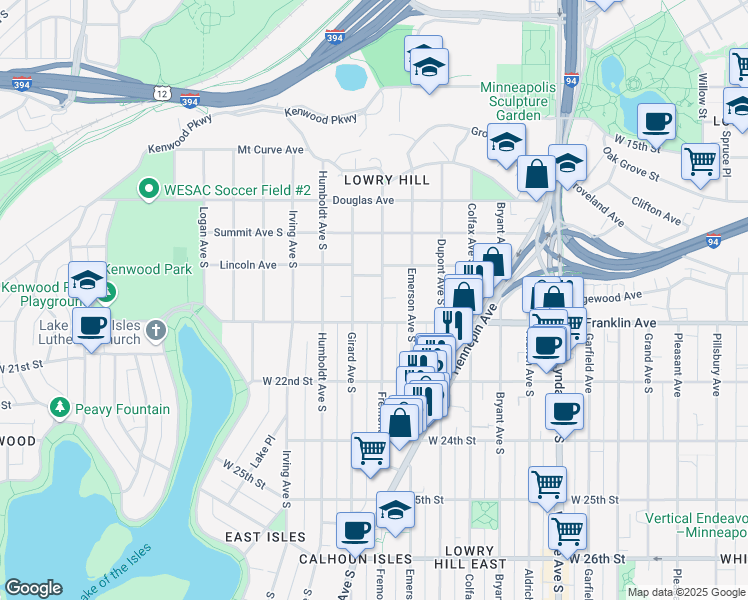 map of restaurants, bars, coffee shops, grocery stores, and more near 1909 Fremont Avenue South in Minneapolis