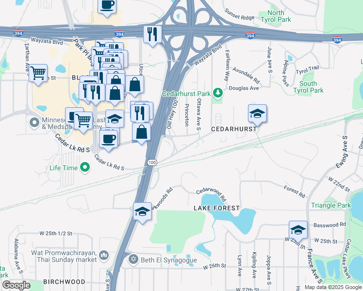 map of restaurants, bars, coffee shops, grocery stores, and more near 4910 Old Cedar Lake Road in Minneapolis