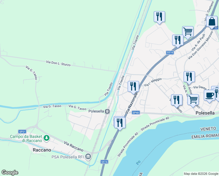 map of restaurants, bars, coffee shops, grocery stores, and more near 157 Via Trento in Provincia di Rovigo