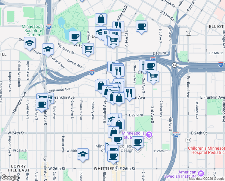map of restaurants, bars, coffee shops, grocery stores, and more near in Minneapolis