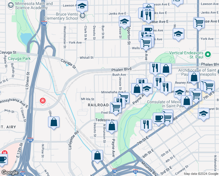 map of restaurants, bars, coffee shops, grocery stores, and more near 733 Bradley Street in Saint Paul