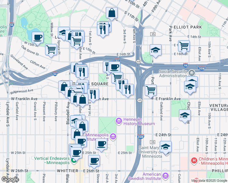 map of restaurants, bars, coffee shops, grocery stores, and more near 1912 3rd Avenue South in Minneapolis
