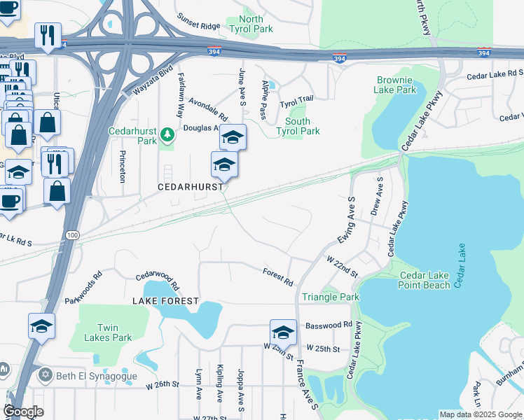 map of restaurants, bars, coffee shops, grocery stores, and more near 4120 Highwood Road in Minneapolis