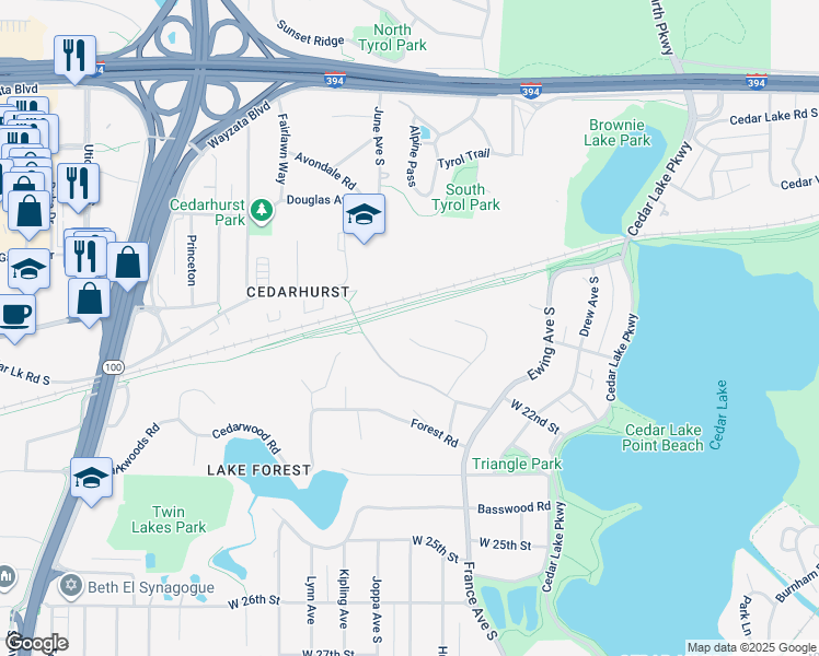 map of restaurants, bars, coffee shops, grocery stores, and more near 4120 Highwood Road in Minneapolis