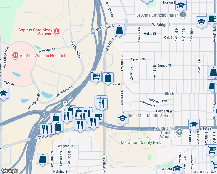 map of restaurants, bars, coffee shops, grocery stores, and more near 1402 Elm Street in Wausau