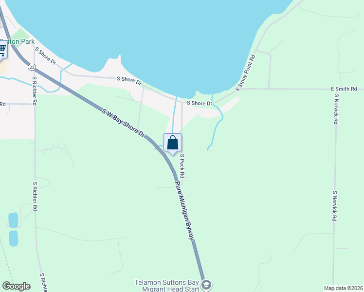 map of restaurants, bars, coffee shops, grocery stores, and more near 1109-1299 South Peck Road in Suttons Bay