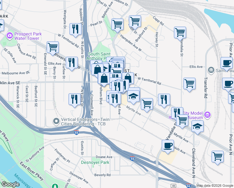 map of restaurants, bars, coffee shops, grocery stores, and more near 735 Raymond Avenue in Saint Paul