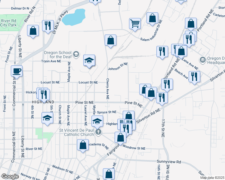 map of restaurants, bars, coffee shops, grocery stores, and more near 2680 Cherry Avenue Northeast in Salem