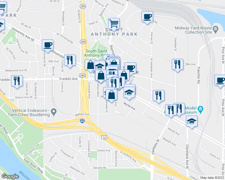 map of restaurants, bars, coffee shops, grocery stores, and more near in Saint Paul