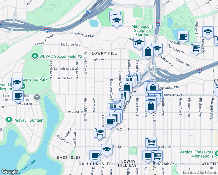 map of restaurants, bars, coffee shops, grocery stores, and more near 1909 Emerson Avenue South in Minneapolis