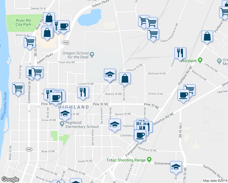 map of restaurants, bars, coffee shops, grocery stores, and more near 2660 Myrtle Avenue Northeast in Salem