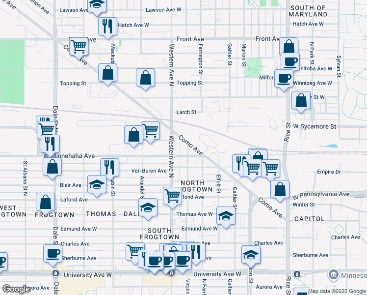 map of restaurants, bars, coffee shops, grocery stores, and more near 360 Como Avenue in Saint Paul