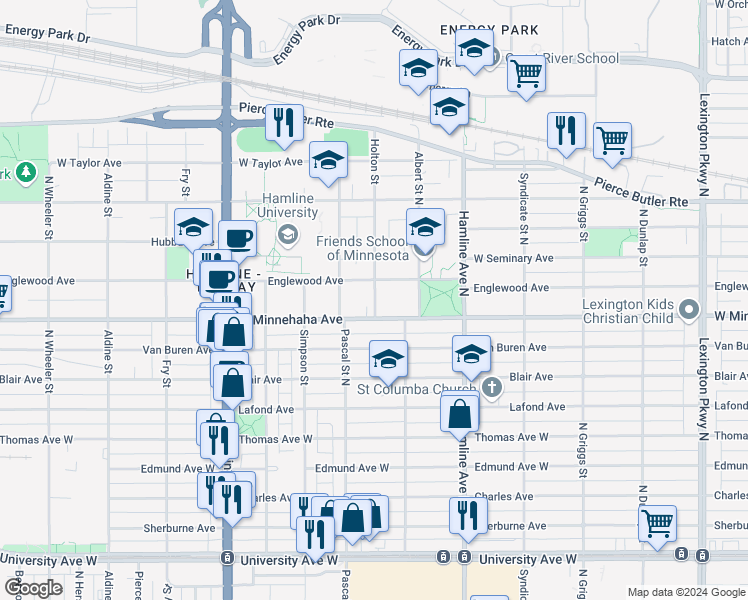 map of restaurants, bars, coffee shops, grocery stores, and more near 1424 West Englewood Avenue in Saint Paul