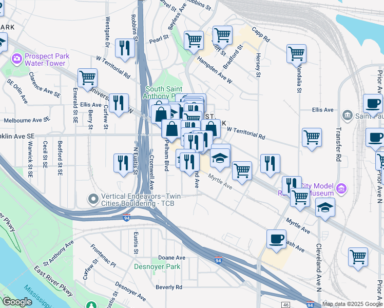 map of restaurants, bars, coffee shops, grocery stores, and more near in Saint Paul