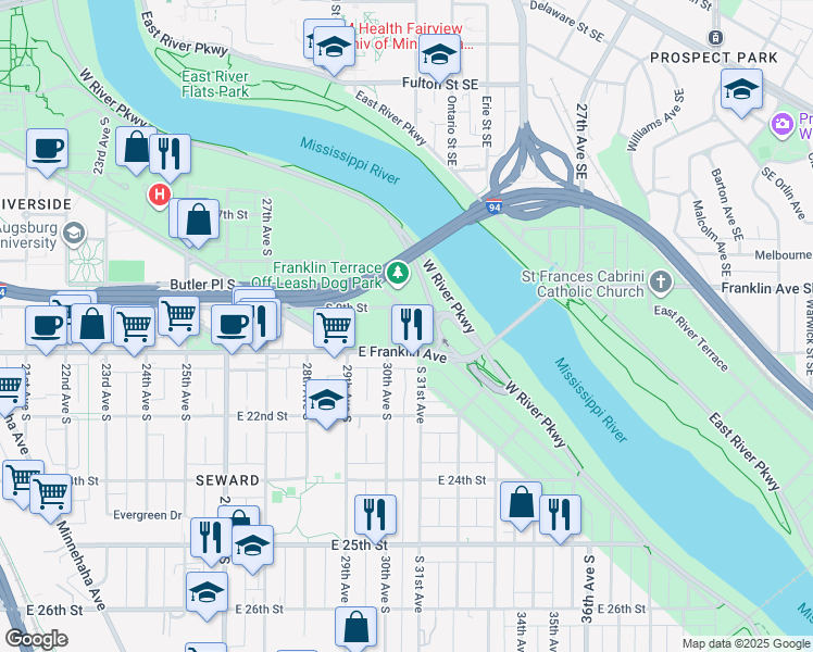 map of restaurants, bars, coffee shops, grocery stores, and more near 3000 South 9th Street in Minneapolis