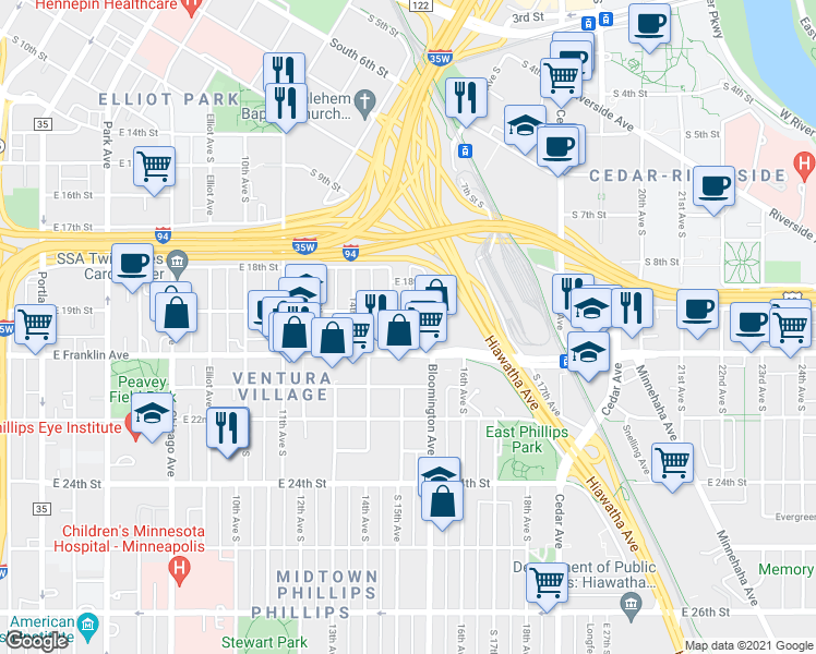 map of restaurants, bars, coffee shops, grocery stores, and more near 1508 East 19th Street in Minneapolis