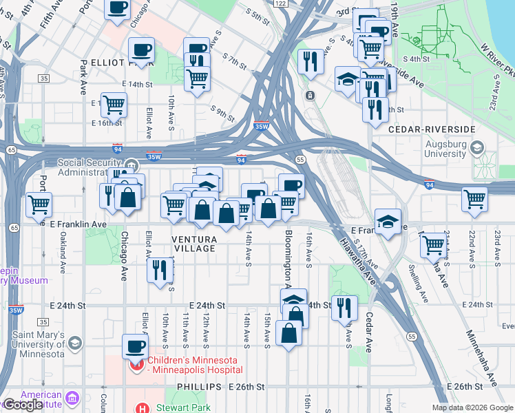 map of restaurants, bars, coffee shops, grocery stores, and more near 1404 East 19th Street in Minneapolis