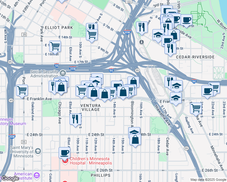 map of restaurants, bars, coffee shops, grocery stores, and more near 1404 East 19th Street in Minneapolis