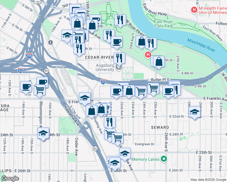 map of restaurants, bars, coffee shops, grocery stores, and more near 911 21st Avenue South in Minneapolis