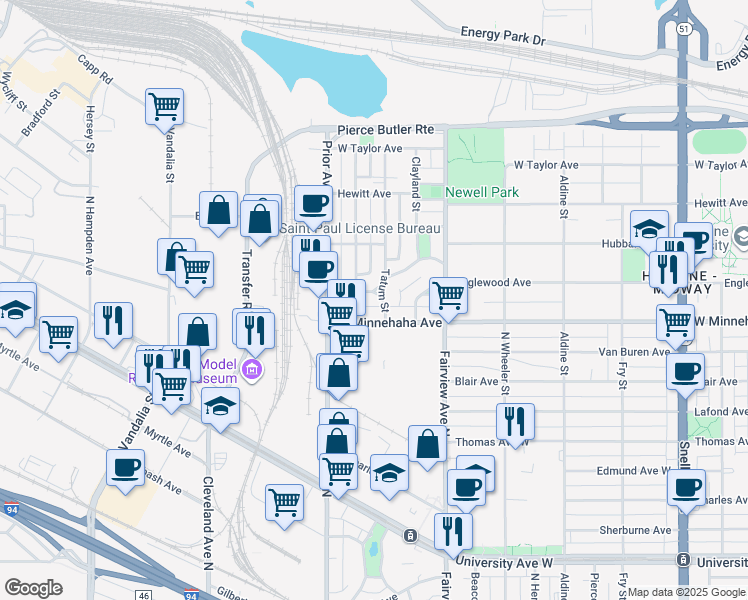map of restaurants, bars, coffee shops, grocery stores, and more near 761 Tatum Street in Saint Paul
