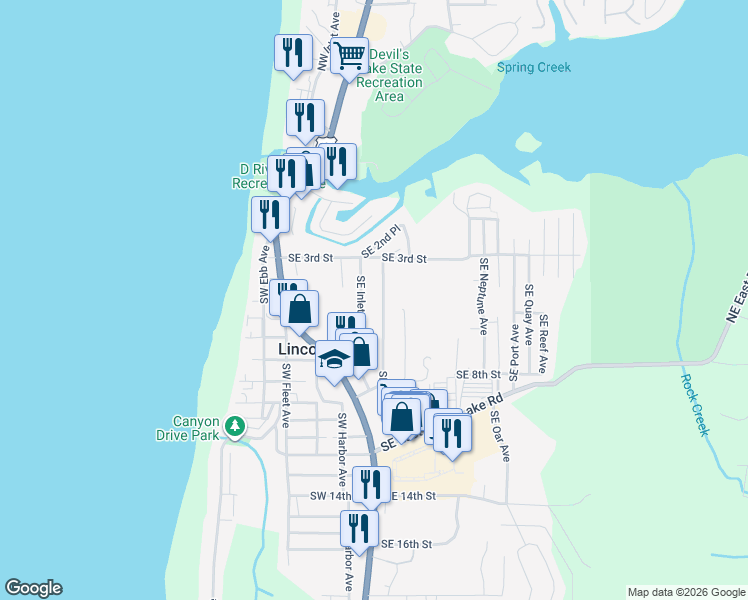 map of restaurants, bars, coffee shops, grocery stores, and more near 485 Southeast Jetty Avenue in Lincoln City