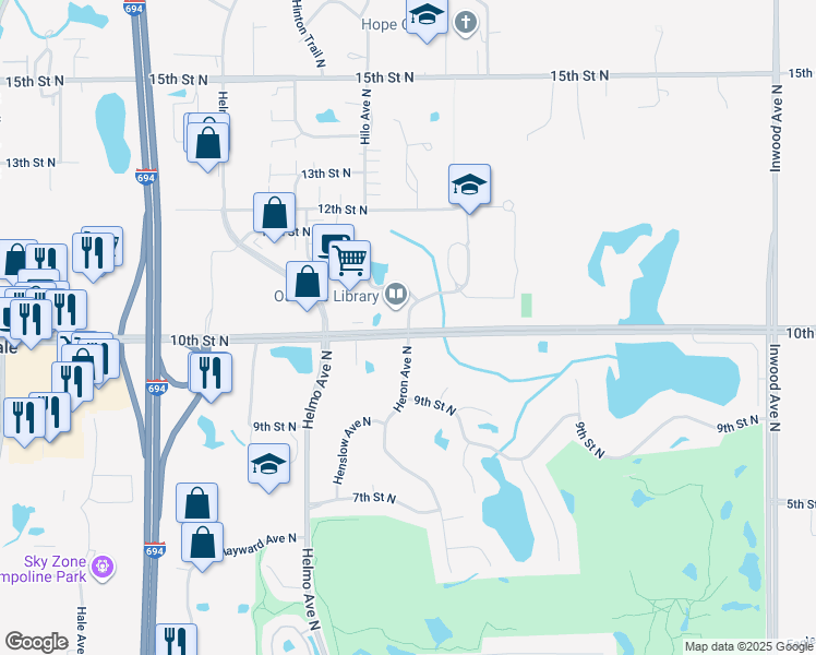 map of restaurants, bars, coffee shops, grocery stores, and more near 1100 Heron Avenue North in Saint Paul