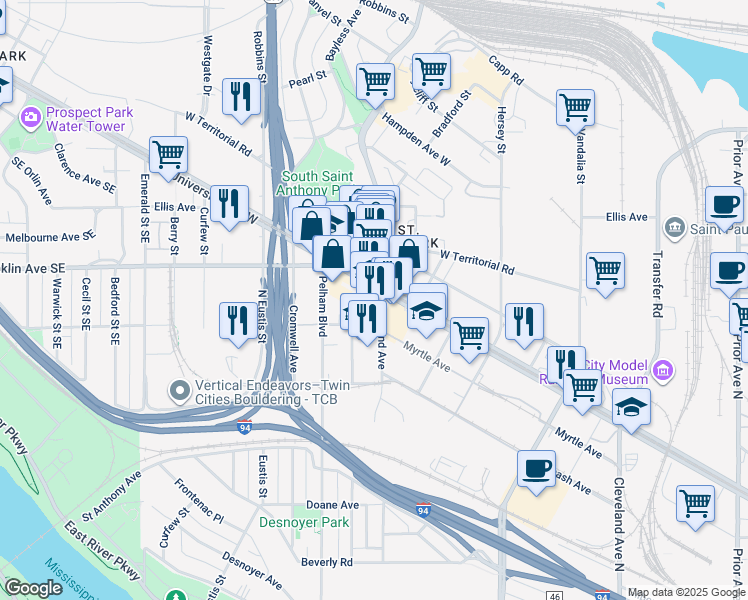 map of restaurants, bars, coffee shops, grocery stores, and more near in Saint Paul
