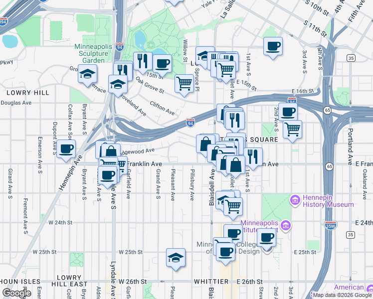 map of restaurants, bars, coffee shops, grocery stores, and more near 223 Ridgewood Avenue in Minneapolis