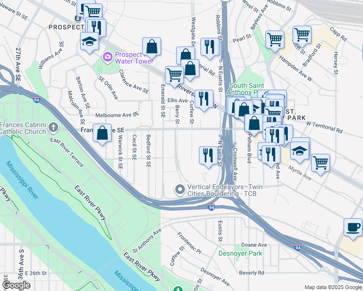 map of restaurants, bars, coffee shops, grocery stores, and more near 765 Curfew Street in Saint Paul