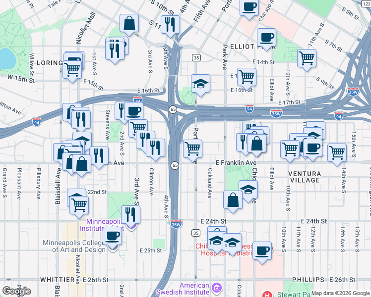 map of restaurants, bars, coffee shops, grocery stores, and more near 1829 South 5th Avenue in Minneapolis