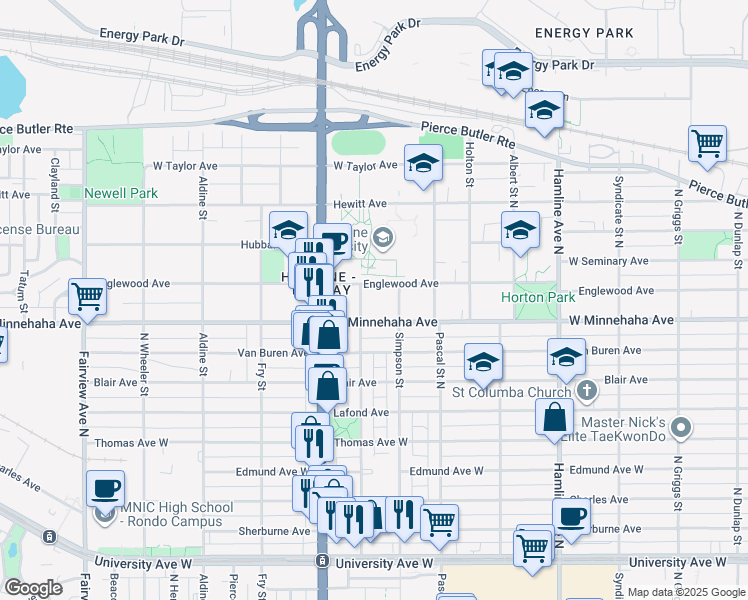 map of restaurants, bars, coffee shops, grocery stores, and more near 1514 West Englewood Avenue in Saint Paul