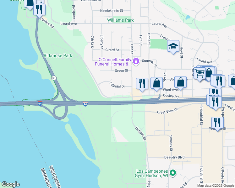 map of restaurants, bars, coffee shops, grocery stores, and more near 907 Coulee Road in Hudson
