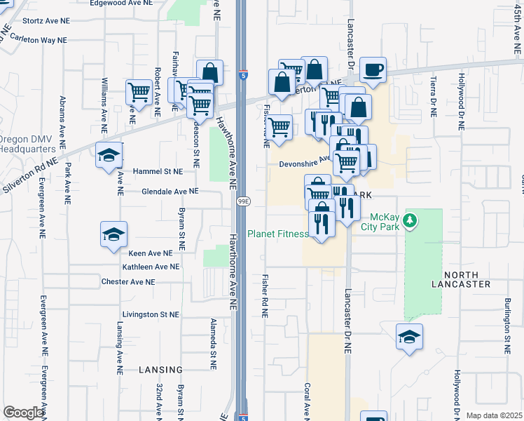 map of restaurants, bars, coffee shops, grocery stores, and more near 3535 Fisher Court Northeast in Salem