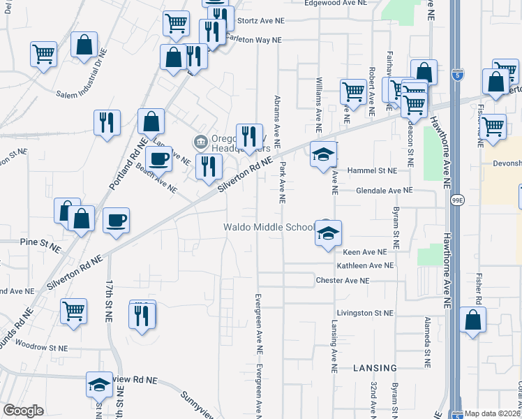 map of restaurants, bars, coffee shops, grocery stores, and more near 3071 Park Avenue Northeast in Salem