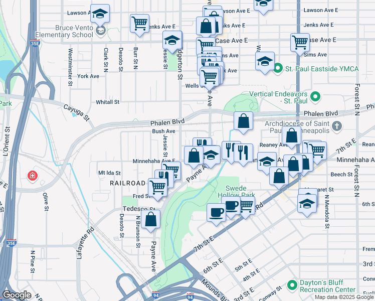 map of restaurants, bars, coffee shops, grocery stores, and more near 611 Reaney Avenue East in Saint Paul
