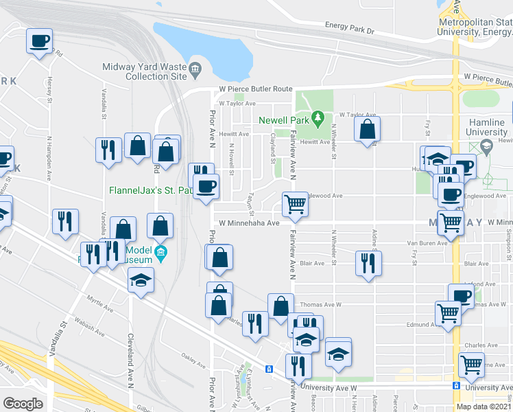 map of restaurants, bars, coffee shops, grocery stores, and more near 761 Tatum Street in Saint Paul
