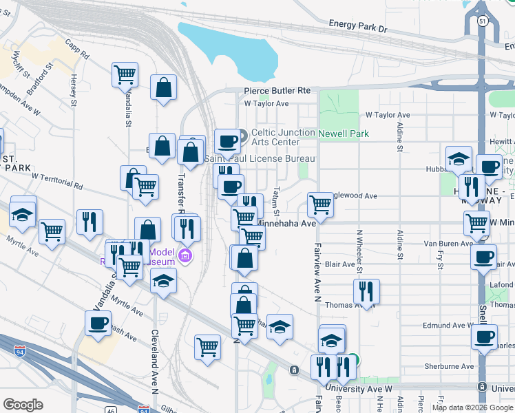 map of restaurants, bars, coffee shops, grocery stores, and more near 753 North Howell Street in Saint Paul