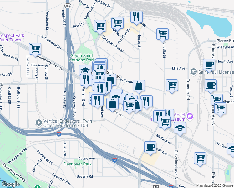 map of restaurants, bars, coffee shops, grocery stores, and more near 2 Charles Avenue in Saint Paul