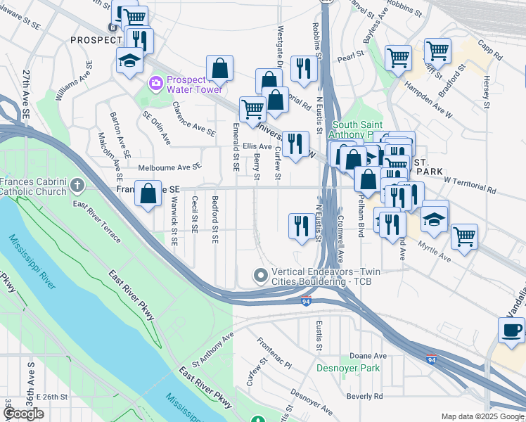 map of restaurants, bars, coffee shops, grocery stores, and more near 765 Curfew Street in Saint Paul