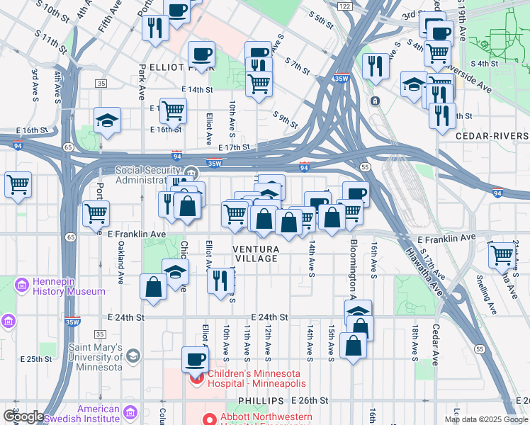 map of restaurants, bars, coffee shops, grocery stores, and more near in Minneapolis