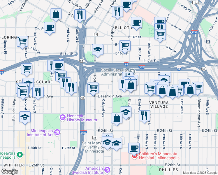 map of restaurants, bars, coffee shops, grocery stores, and more near 1828 Park Avenue in Minneapolis
