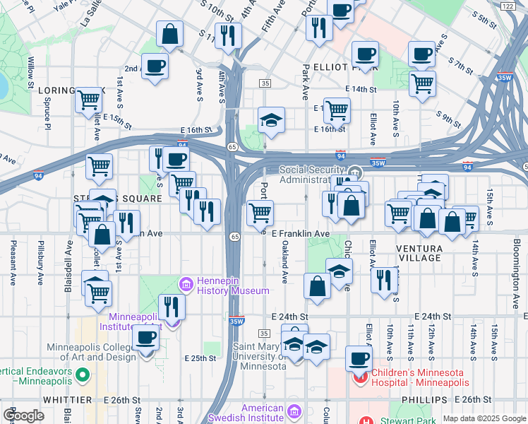 map of restaurants, bars, coffee shops, grocery stores, and more near 1829 Portland Avenue in Minneapolis