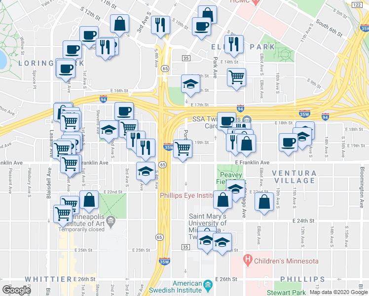 map of restaurants, bars, coffee shops, grocery stores, and more near 1829 South 5th Avenue in Minneapolis