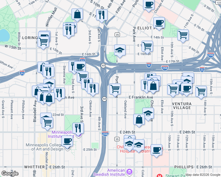 map of restaurants, bars, coffee shops, grocery stores, and more near 1829 South 5th Avenue in Minneapolis