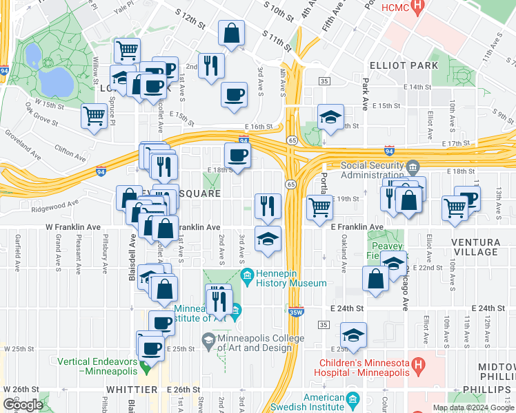 map of restaurants, bars, coffee shops, grocery stores, and more near 1828 Clinton Avenue in Minneapolis