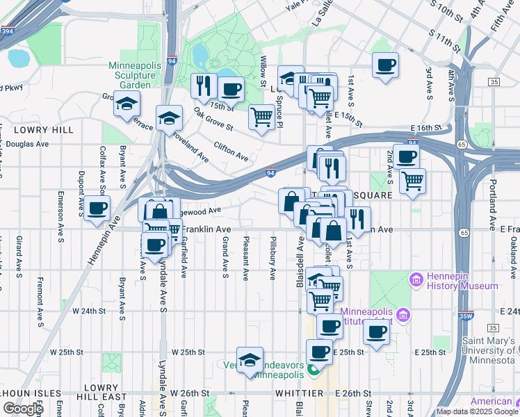 map of restaurants, bars, coffee shops, grocery stores, and more near 218 Ridgewood Avenue in Minneapolis