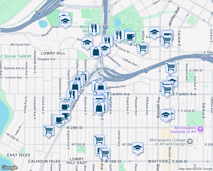 map of restaurants, bars, coffee shops, grocery stores, and more near 1901 Lyndale Avenue South in Minneapolis