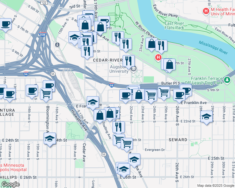 map of restaurants, bars, coffee shops, grocery stores, and more near 904 21st Avenue South in Minneapolis