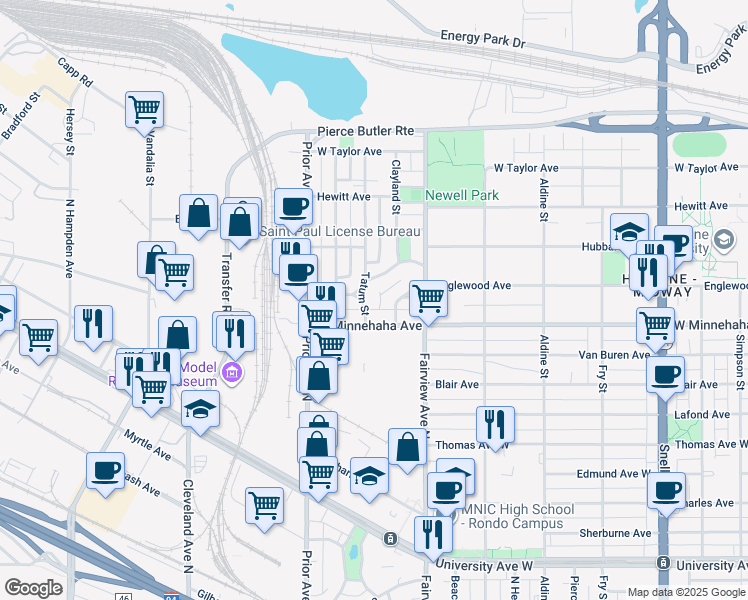 map of restaurants, bars, coffee shops, grocery stores, and more near 761 Tatum Street in Saint Paul